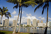 Honolulu and Waikiki harbor, Oahu, Hawaii, USA