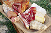 Various salamis and cheeses. Umbria. Italy