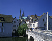 Stone bridge, Street scene, Cathedral, Chartres, Eure-et-loir, France.