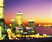 Champagne glasses, Twin towers, Downtown skyline, Manhattan, New york, USA.