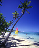 Palm trees, Scenic beach, Plantation resort, Molololailai island coastline, Fiji.