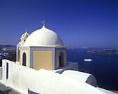 Church dome & cruise ship, Phira, ( fira, Thira, )santorini, Greece.