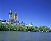 Central park west skyline, Lake, Central park, Manhattan, New York, USA.