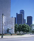 Spirit of detroit & renaissance center, downtown, Detroit, Michigan, USA.