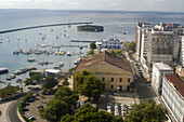 Aerial view of old Mercado Modelo and Todos os Santos Bay, Salvador. Bahia, Brazil