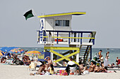 Florida, Miami Beach, Atlantic Ocean, shore, lifeguard station, sunbathers
