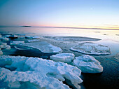 Icefloes at the shore-line and sunset. Gulf of Bothnia. Langnasudden. Vasterbotten. Sweden