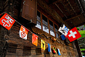 Haus im Blockbau mit Schweizer Flagge und Wappen der Schweizer Kantone, Rossa, Val Calanca, Tessin, Schweiz