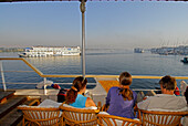 cruise on the Nile, view from upper deck to cruise ship and landing stage, Luxor, Egypt, Africa