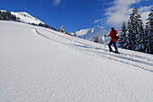 Skitourengeher im Aufstieg zum Joch, Lechtaler Alpen, Tirol, Österreich