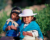 Quechua indian litlle girls. Titicaca Lake. Peru
