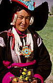 Woman with typical Ladakh dress. Jammu and Kashmir, India