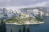 Wizard Island in winter. Crater Lake National Park. Oregon. USA