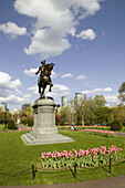 George Washington statue, Public Garden, tulips, Boston, Massachusetts. USA.