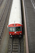 Train waiting in a station, Kufstein, Tyrol, Alps. Austria.