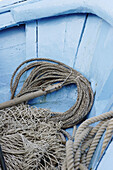 Ropes and nets on a fishing-boat, Canale Grande, harbour, Adriatic Sea. Grado, Regione Autonoma Friuli Venezia Giulia, Italy. Europe.