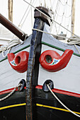 Bow of a sailing-ship, harbour, Adriatic Sea. Grado, Regione Autonoma Friuli Venezia Giulia, Italy. Europe.