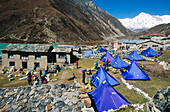 Trekkers camp in Gokyo, sherpa village, with Cho Oyu mountain behind. Khumbu Glacier. Himalayas. Nepal