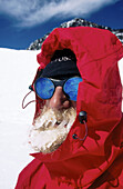 Climber with iced-up beard. Denali National Park. Alaska. USA