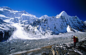 Trekker under Kanchenjunga. North face and Wedge Peak from Pangpema. East Nepal