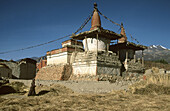 Autumn harvest of wheat. Buddhist chortens on outskirts of Lo Manthang. Kingdom of Mustang. Nepal