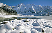 Mount Sefton. Ice on river. Winter. Hooker Valley. Southern Alps. South Island. New Zealand