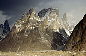 Trango Peaks after storm at dawn above Baltoro glacier, 6286 m. Karakoram mountains, Pakistan