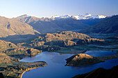 Glendu Bay from Mt. Roy. Mt. Aspiring behind. Above Lake Wanaka, central Otago. New Zealand.