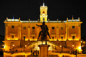 Piazza Campidoglio with equestrian statue on the top of Capitoline Hill in the evening light, Rome, Italy