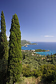 View of the landscape along the coast and the ocean, Paleokastritsa, Corfu, Ionian Islands, Greece