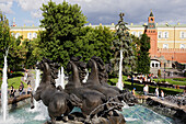 Fountain on Manege square, Alexander Garden and the fortification wall of the Kremlin, Moscow, Russia
