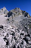 Blockfeld mit Friedrichsturm und Köpfeln, Felslandschaft, Wilder Kaiser, Kaisergebirge, Tirol, Österreich