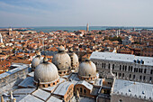 St Mark's Basilica Cathedral and Venice rooftops seen from Campanile Tower, Venice, Veneto, Italy