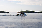 Möwen verfolgen Fischerboot zum Hafen, Hvar, Dalmatien, Kroatien, Europa