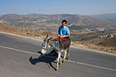 Junge auf Esel auf Straße zur Kreuzritterburg Krak des Chevaliers, nahe Homs, Syrien, Naher Osten, Asien