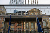 Traditional building reflected in skyscrape, Frankfurt, Hesse, Germany