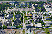 Aerial view of the sewage treatment plant at Fröttmaning, Munich, Bavaria, Germany