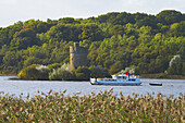 outdoor photo, with a houseboat on the Upper Lough Erne near Crom Castle, Crachton Tower, Shannon & Erne Waterway, County Fermanagh, Northern Ireland, Europe