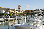 Puerto Paraiso Mall and Plaza Bonita by marina, many boats docked. Cabo San Lucas, Mexico