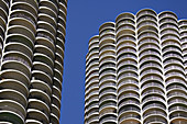 Marina Towers, residential highrise buildings along Chicago River, landmark design, modern architecture, curved, circular, two. Chicago. Illinois. USA.