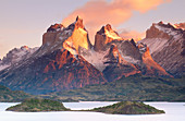 Cuernos del Paine and Pehoe Lake. Torres del Paine National Park. Patagonia. Chile