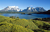 Cuernos del Paine and Pehoe Lake, Torres del Paine National Park. Patagonia, Chile