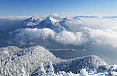 View from Herzogstand towards lake Walchen and Wetterstein. Karwendel range Bavarian Alps. Bavaria, Germany