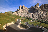 Grodner Pass mountain road. Trentino. Alto Adige (South Tyrol). Dolomites. Italy.