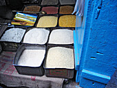 Different kind of rice in a shop. Varanasi (Banaras), Uttar Pradesh. India