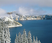 Wizard Island, Llao Rock and Mt. Thielsen during winter. Crater Lake National Park. Oregon. USA