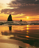 The Needles silhouetted at sunset. Cannon Beach. Oregon. USA
