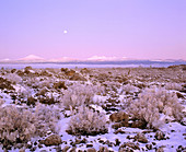 Moon over lava lands, Mt. Bachelor and Three Sisters. Oregon. USA