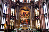 Interior view of the Basilica di Santa Maria Gloriosa dei Frari, Frari church, with Tizian painting, Assunta, Venice, Veneto, Italy