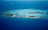 Luftaufnahme der Malediven, Malediven, Indischer Ozean, Sued-Male Atoll, Dhigufinolhu, Veligandu, Bodu Huraa